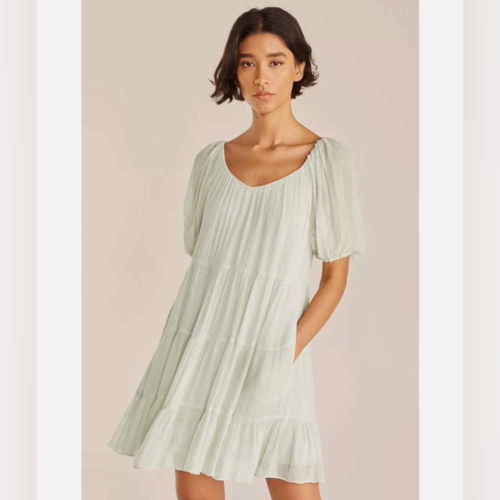 Rebecca Taylor Silk Tiered Mini Dress Light Aloe Green Short Sleeve Size L